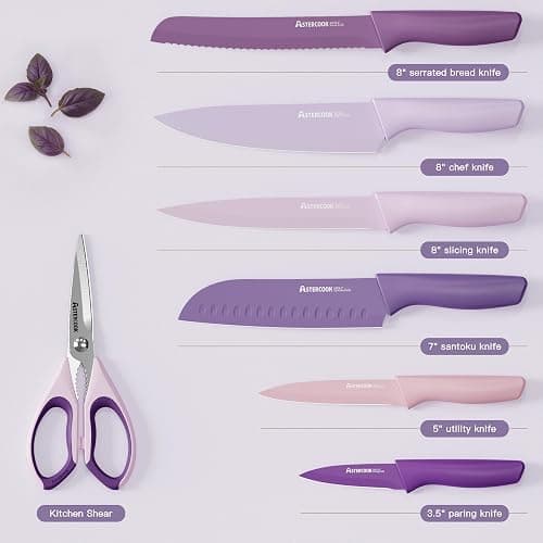 Astercook Knife Set, 13 Pieces Kitchen Knives Set with Healthy Anti-Rust Coating, Dishwasher Safe, Stainless Steel Chef Knife Sets with 6 Blade Guards, Perfect Holiday Gifts for Kitchen Purple thumbnail 6