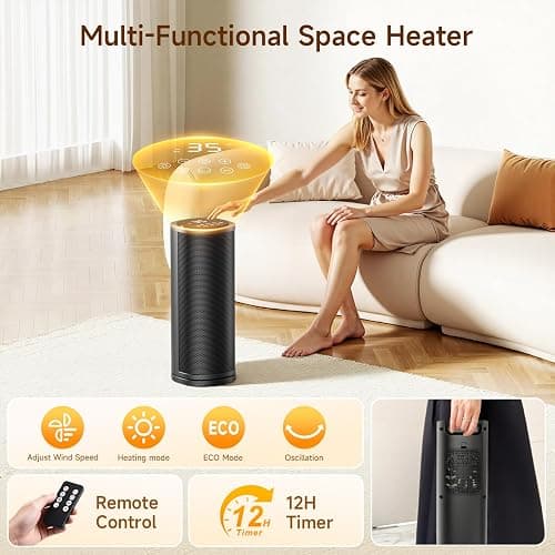Electric Space Heater for Home, 1800W Fast Heating PTC Portable Heaters with Thermostat and Remote, 12H Timer, Overheating Protection, 60° Oscillation, Room Ceramic Heater for Office Bedroom Home thumbnail 4