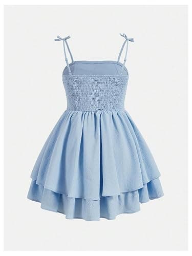 SHENHE Girl's Smocked Ruched A Line Swing Dress Layered Tie Shoulder Flowy Cami Short Dress thumbnail 3
