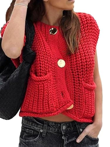 KEOMUD Women's Sleeveless Cropped Knit Cardigan 2025 Casual Button Down Crochet Sweater Vest Tops with Pockets thumbnail 2