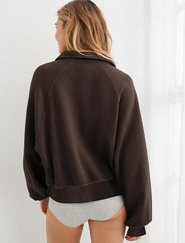 Miniyear Womens Cropped Sweatshirt Button Down Polo V Neck Long Sleeve Pullover Tops Fashion Outfits Clothes thumbnail 2