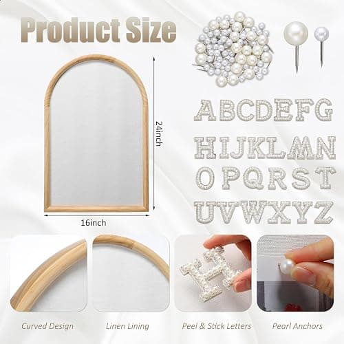 BrightRow Arch Bulletin Board with Pin Linen Wedding Display Framed Decorative 24x16 Hanging Wood Vision Cork Board for Office Wall School Home Decor, 70 Pearl Studs, 26 Letter Stickers(Natural) thumbnail 3