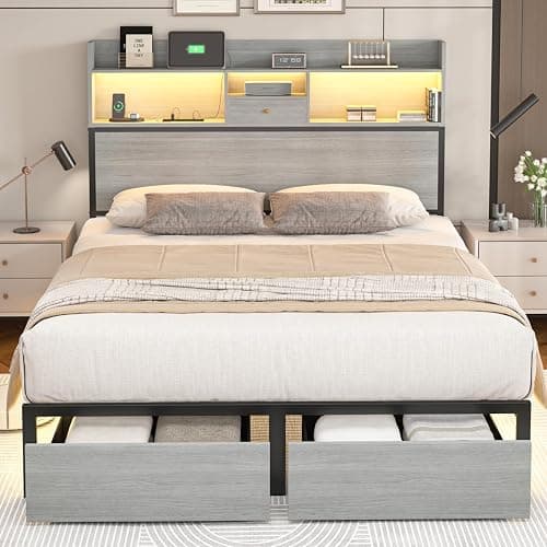 Siihnon Queen Bed Frame with Headboard and LED Lights, 51.2" Bookcase Tall Bed Frame Queen Size with Storage Drawers and Charging Station, Platform Metal Bed Frames, No Box Spring Needed, Grey - Image 1