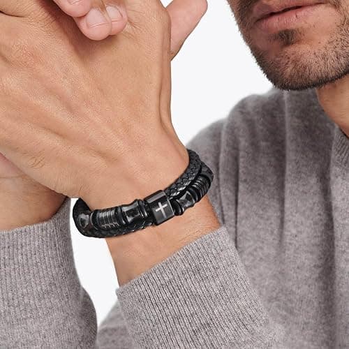 TempBeau Christian Cross Leather Bracelet for Men - Double-Row Braided Leather Faith Cross Bracelets for Mens Bible Verse Religious Baptism Jesus Jewelry Gifts for Men Teenage, Adjustable Wristband thumbnail 3