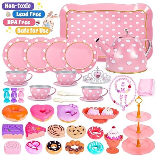 Hohosunlar Tea Party Set for Little Girls, Princess Tea Time Toy for Toddler, Tin Tea Set Include Tea Cups Teapot Dessert Kitchen Pretend Play with Carrying Case, Easter Birthday Gift for Kids Age 3-8 thumbnail 6
