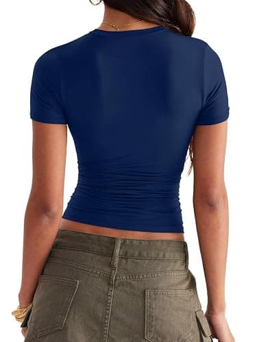 Womens Double Lined Tops Crewneck Short Sleeve Tees Basic Slim Fit T Shirts Y2K Summer Clothes 2025 thumbnail 5