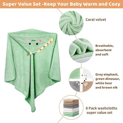 CandyHome 12 PCS Baby Bath Towels Set for Infants Toddlers Essentials | 4 PCS Baby Towels & 8 PCS Washcloths Set, Cute Animal Hooded, Ultra Absorbent & Soft, Newborn Shower Gifts for Boys & Girls thumbnail 4