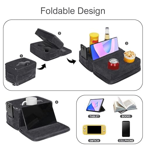 Couch Cup Holder Tray Pillow, Large Sofa Organizer Caddy with 6 Holes and Side Pocket Bed Refreshment Tray for iPad, Drinks, Remotes, Phones, Snacks, Removable & Washable (Grey) thumbnail 4