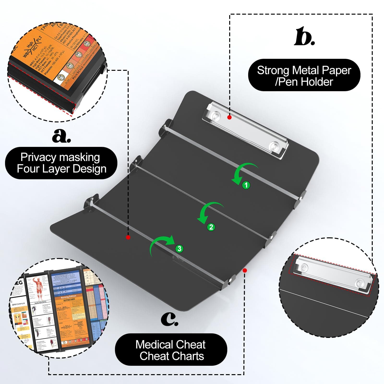 NECEG Nursing Clipboard Foldable, 4 Layers Aluminium, Black, Up to Letter Size (8.5 x 11 inches), Holds 150 Sheets, Low Profile Clip, Nurse Clipboard thumbnail 4