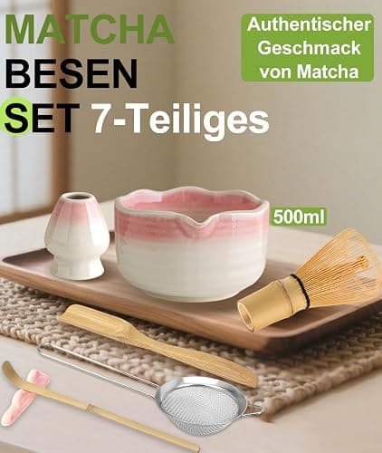 JBER Matcha Besen Set, Matcha Set 7-Teiliges - Bambus Matcha Whisk, Matcha Schale mit Auslauf, Besen Halter, Sieb, Löffel und Halter, Japanisches Matcha Kit für Matcha-Liebhaber, Farbverlauf Rosa thumbnail 2