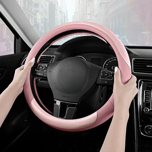 Road Comforts Steering Wheel Cover – Breathable Leather Steering Wheel Cover, Anti-Slip Grip, Universal Fit 14.5” to 15”, Heat & Cold Resistant for Cars, SUVs, and Trucks – Shining Pink & Pink thumbnail 4