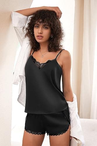 Ekouaer Satin Pajama Set for Women 2 Piece Silky Lingerie Sleepwear Lace Camisole Pj Shorts Set Soft Nightwear S-XXL thumbnail 4