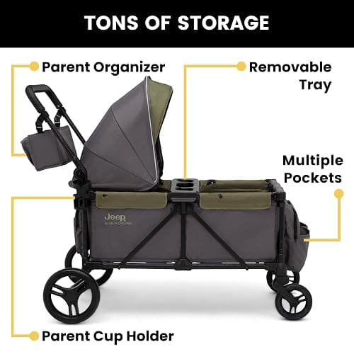 Jeep Sport All-Terrain Stroller Wagon by Delta Children - Includes Canopy, Parent Organizer, Adjustable Handlebar, Snack Tray & Cup Holders, Grey/Olive Green thumbnail 5