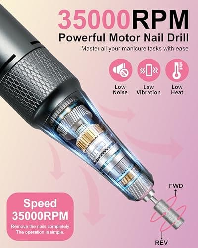 Professional Nail Drill Kit 35000RPM Clip-On Portable Cordless Rechargeable Adjustable Speed with LCD Display and 14 Bits for Acrylic Gel Manicure Pedicure Suitable for Salon Home and DIY Nail thumbnail 2