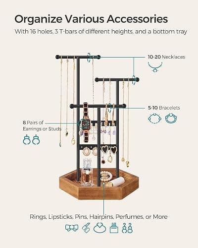 SONGMICS Jewelry Holder, Jewelry Organizer, 3 Tiers and 1 Tray, Jewelry Display Stand with Metal Frame, Necklace Earring Bracelet Holder, for Rings, Christmas Gift, Ink Black and Caramel Brown thumbnail 4