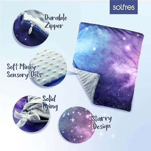 Solfres Small Weighted Lap Pad Blanket Throw for Kids Boys Teens 20in x 23in 5 Lbs - Sleep Therapy Plush Travel Size with Glass Beads, Galaxy Space Stars - Purple Blue/Gray (With Removable Cover) - 20"x 30" 5lbs thumbnail 5