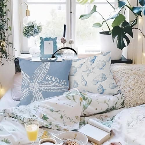 HIWX Coastal Beach Starfish Seashell Pillow Covers 18x18 Double-Sided, Coastal Beach Room Decor, Blue Ocean Beachy Seashell Decorative Pillow Covers for Couch Bed Home Bedroom Decor thumbnail 4