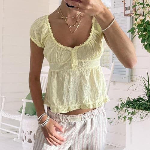 Women Y2k Cap Sleeve Shirt Lace Trim Fairy Plaid Tees Cute Ruffled Babydoll Crop Top Vintage Aesthetic Clothes thumbnail 2