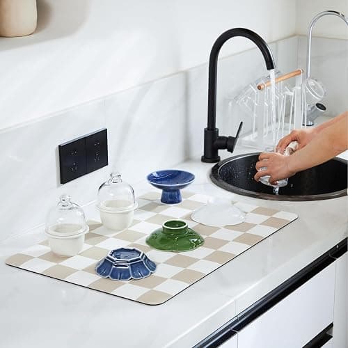 Ohocut Checkered Dish Drying Mat for Kitchen Counter, Coffee Bar Station Accessories, Retro Cute Aesthetic Modern Absorbent Drainer Mat Kitchen Drying Mat Easy Clean, Beige 12" x 19" thumbnail 2
