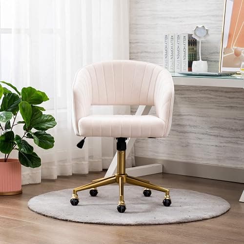 Home Office Chair Swivel Velvet Desk Chair Accent Armchair Upholstered Modern Tufted Chairs with Gold Base for Girls Women Ergonomic Study Seat Computer Task Stools for Living Room(Cream) thumbnail 9
