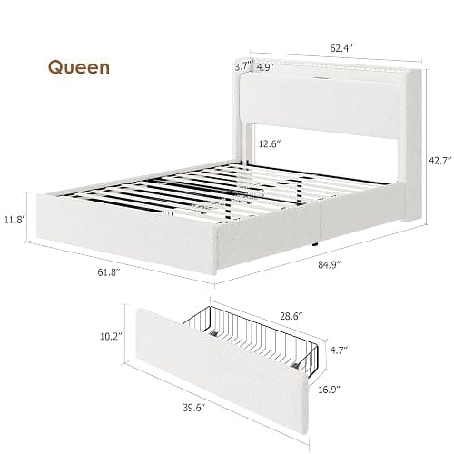 coucheta Queen Size LED Bed Frame with Headboard & 4 Storage Drawers, Soft Boucle Upholstered Platform Bed Frame with Charging Station and USB Ports, Wooden Slats Support, No Box Spring Needed, White thumbnail 7