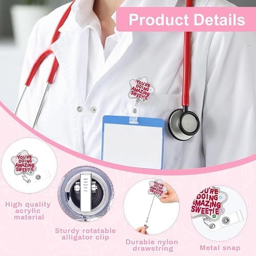 Cute and Funny Nurse Badge Reel – Pink Retractable ID Holder with Motivational Quote You're Doing Amazing Sweetie, Nursing Accessories for Women and Healthcare Workers thumbnail 3