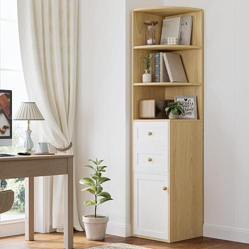 IRONCK Corner Bookshelf and Bookcase, 71" H Wooden Book Shelves 3 Tier with Drawers and Storage Cabinet for Living Room, Office, Bedroom, Oak and White thumbnail 3