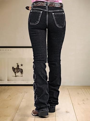 Flamingals Women's Buttoned Hem Bootcut Jeans Without Belt Mid Waist Casual Pants Navy Blue thumbnail 5