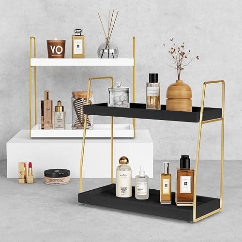 Forbena Black and Gold Bathroom Organizer Countertop, 2 Tier Counter Organizer for Bathroom Decor, Modern Sink Shelf Organizers for Vanity Storage, Make upTray for Makeup Bedroom thumbnail 6