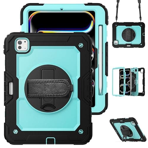 Loyrina for iPad Pro 11 inch Case 2025 (M5) 2024 (M4), with 360° Rotating Stand Hand/Shoulder Strap, Pencil Holder & Protective Shockproof Silicone Hard Tablet Cover, Blue - Image 1