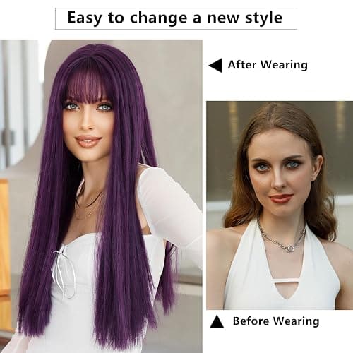 7JHH WIGS Blonde Wig With Bang For Women Long Straight Blonde Wig Synthetic Wig For Girl Emo Cosplay And Daily Use（23" Blonde - AA Blonde wig thumbnail 3