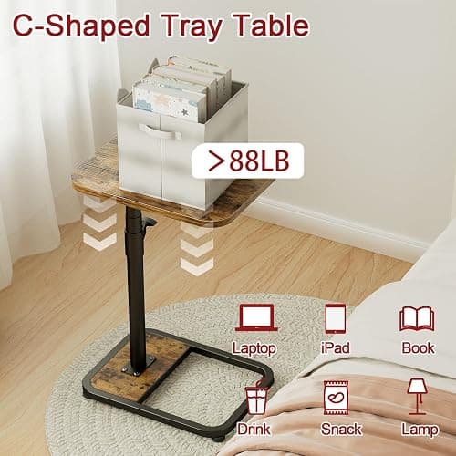 GOYLSER C-Shaped Tables Small Swivel End Table, Height Adjustable Side Tables Living Room, Rotating Snack Couch Wooden Tv Trays for Eating On Couch, Rustic Brown thumbnail 4