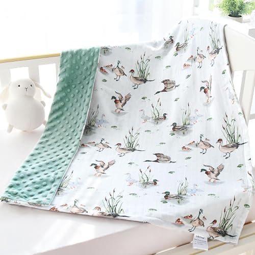 LifeTree Baby Blankets for Newborn, Soft & Lightweight Swaddle Blankets, Muslin Front and Dotted Fleece Backing Receiving Bed Blanket, 31X40 Inches, Baby Girl & Boy Blanket, Duck and Green thumbnail 6