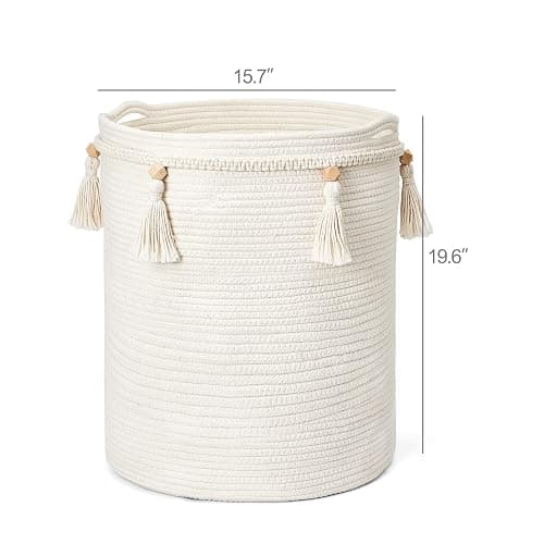 Mkono Macrame Decorative Cotton Rope Basket Boho Cute Woven Tassel Tall Basket Closet Storage Bins Organizer for Nursery,Baby Toys, Potted Plants Cover,Living Room,Bedroom Home Decor 15.7"x 19.6" - 15.7"x19.6" thumbnail 5