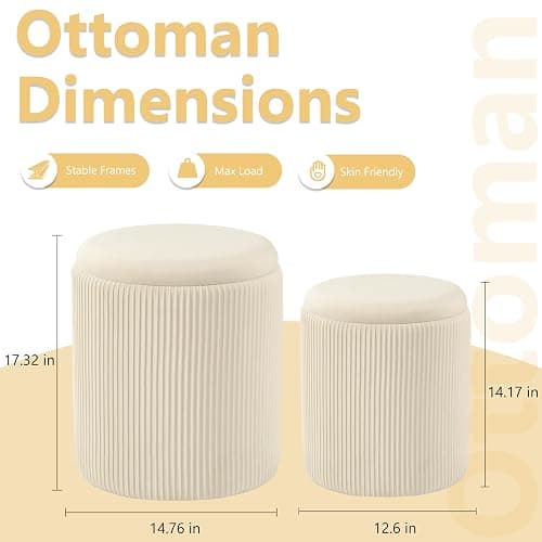 Royal Windsor Round Ottoman with Storage Set of 2, Storage Vanity Stool | Velvet Upholstered Round Storage Ottoman, Ottoman Coffee Table, Small Foot Stool for Living Room & Bedroom, Beige thumbnail 3
