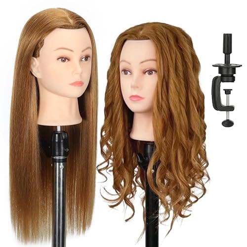 22" MQHIHI Mannequin Head Human Hair Cosmetology Manikin Doll Head with 80% Real Hair for Hairdresser Practice Cutting Braiding Hair Styling with Clamp Holder and Tools (Light Brown) - Image 1