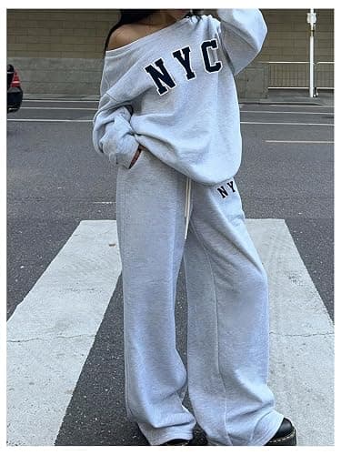 SOLY HUX Women's sweatsuits fall clothes off the shoulder graphic sweatshirt baggy sweatpants outfits 2 piece set thumbnail 5