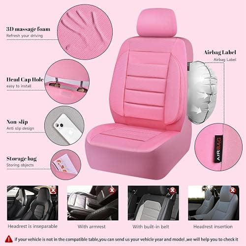 CAR PASS Pink Leather Seat Covers Full Set Universal Water Resistant 3D Foam Back Support, Luxury Comfort Automotive 5 Seat Covers All Season Fit SUV,Sedan,Van, Airbag Compatible Elegance Pink thumbnail 8