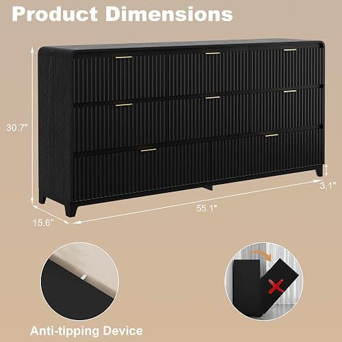 Fluted Dresser for Bedroom with 8 Drawers, 55.1" Wide Modern Chest of Drawers with Metal Handle, TV Stand Wood Dresser Closet Organizers and Storage Drawer for Living Room, Bedroom, Hallway, Black thumbnail 2