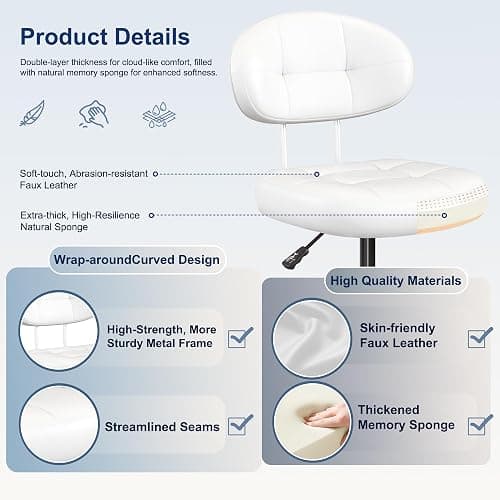Misolant Small Office Chair, Armless Desk Chair with back, Cute Vanity Chair with wheels and Lumbar support, Comfy PU Leather Computer Chairs with Adjustable Height for Small Space, makeup Home, White thumbnail 5