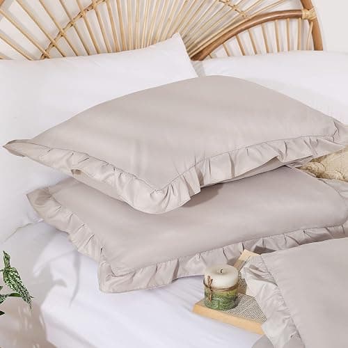 JANZAA Oatmeal Comforter Set Twin – Soft Microfiber, Lightweight All Season Bedding, Ruffle Shabby Chic Aesthetic, Breathable Cozy Bed Set with 1 Pillow Shams, Machine Washable thumbnail 9