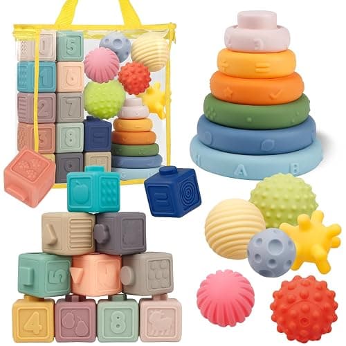 Montessori Toys for Babies,Soft Stacking Building Blocks Rings Balls Sets,3 in 1 Baby Toy Bundle,Sensory Toy for 6-12 Months, Soft Teething Toys,Baby Easter Basket Birthday Gifts for Boy Girl - Image 1