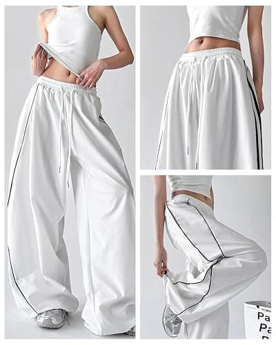 Unotobe Women's Y2K Baggy Parachute Pants High Waist Wide Leg Track Pants | Side Stripes Lightweight Cargo Joggers with Loose Fit Drawstring Elastic Waistband for Streetwear thumbnail 5