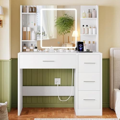 FIONESO Vanity Desk with Mirror and Lights, Makeup Vanity with Power Outlet and 4 Drawers & 6 Shelves & 5 Hooks, 3 Color Modes & Adjustable Brightness, White Vanity for Bedroom - Image 1