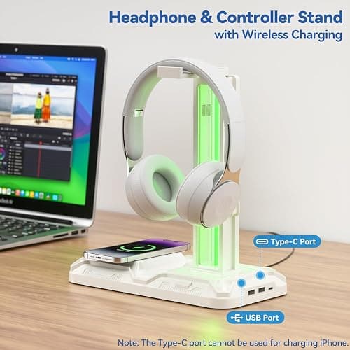 KDD RGB Headphone & Controller Stand with Wireless Charging - Rotatable Headset Stand with 9 Light Modes - Controller Holder with 2 USB and Type C Ports - for Gamers Desktop Accessories(White) thumbnail 2