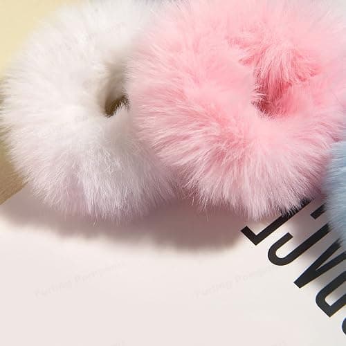 Furling Pompoms Furry Faux Rabbit Fur Hair Scrunchies Artificial Fur Hair Bobbles Elastic Hair Band Rope Wristband Ponytail Accessories Light Pink 2pcs thumbnail 8