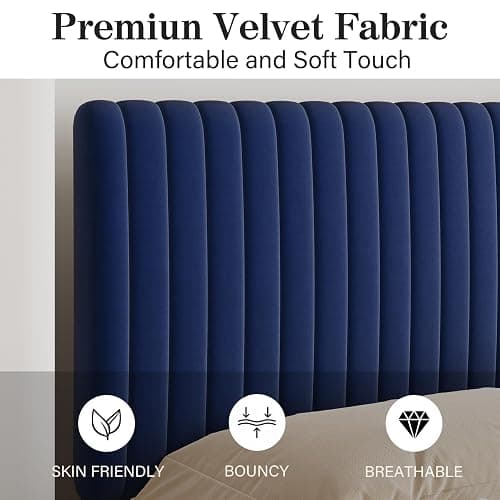 BarnFurin Twin Bed Frame/Velvet Upholstered Platform Bed with Adjustable Vertical Channel Tufted Headboard and Footboard/No Box Spring Required/Easy Assembly/Blue thumbnail 4