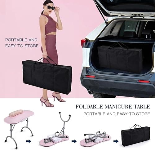Joligrace Manicure Table Nail Desk Professional Foldable Portable Table | Nail Technician Workstation 4 Lockable Wheels with Drawer Client Wrist Pad Free Carrying Bag Travel Nail Tech Spa Table Pink thumbnail 6