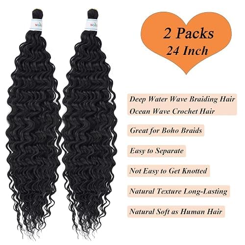 Ai Yuchen 1b Black Deep Curly Braiding Hair for Boho Braids Ocean Deep Wave Crochet Boho Hair for Braiding 24 inch 2 Packs Bohemian Boho Curls Water Wave Wet and Wavy Braids Extensions thumbnail 4