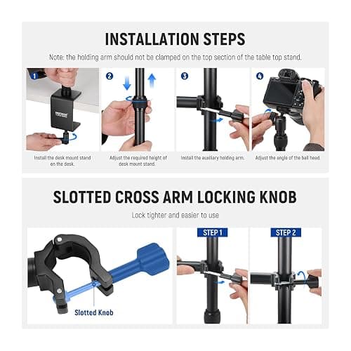 NEEWER Upgraded Overhead Camera Rig with Trifold Camera Boom Arm (Max Load 2lb), 47"/1.2m Telescopic Desk Mount Stand (Max Load 8.8lb) with Phone Clamp Ball Head for LED Light Webcam Mic, TL253A+MH022 thumbnail 9